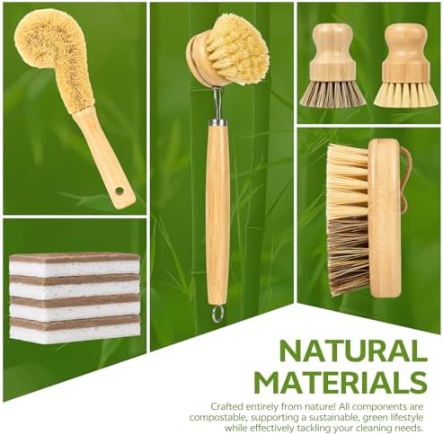 GREENTH PRO 9-Piece Bamboo Dish Brush Set with Natural Coconut Sponges