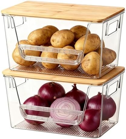 FUSHITON 2 Set Pantry Organizers, Clear Trash Bag Holder with Bamboo