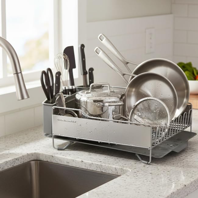 KitchenAid Large Capacity Full Size Rust Resistant Dish Rack with Angled Drain Board and Removable Flatware Caddy, Light Grey