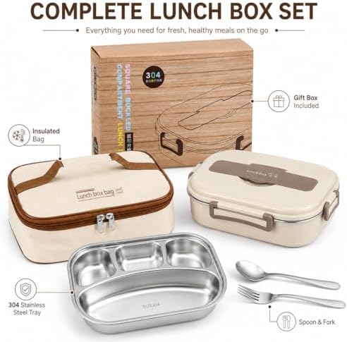 304 Stainless Steel Bento Box, 4 Compartments, Beige