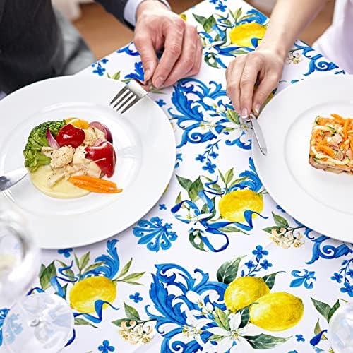 Whaline Capari Lemon Tablecloth Blue Tile Lemon Flower Fabric Table
