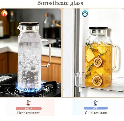 Glass Pitcher with Wooden Lid, 68 fl.oz Square Glass Carafe with