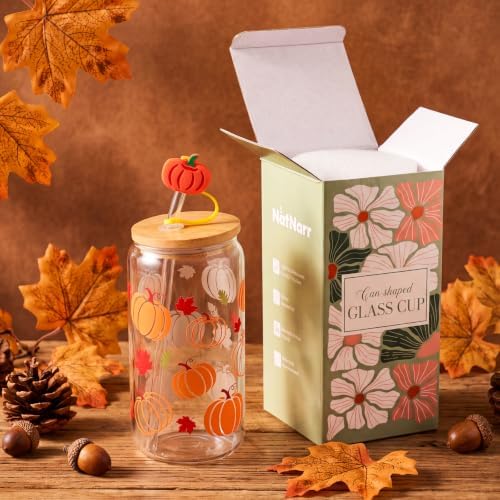 16 oz Fall Pumpkin Glass Cup With Lid & Straws Pumpkin Gifts for Women