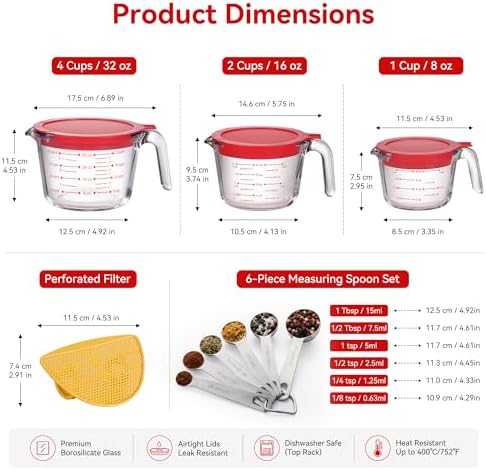 10 Pack Glass Measuring Cup Set with Lids, Stackable Handled Liquid
