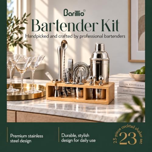 Barillio Bartender Kit - Stainless-Steel Cocktail Shaker Set w/Bamboo