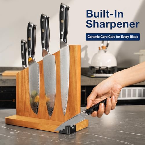 Gourmetop Light Acacia Magnetic Knife Block with Sharpener