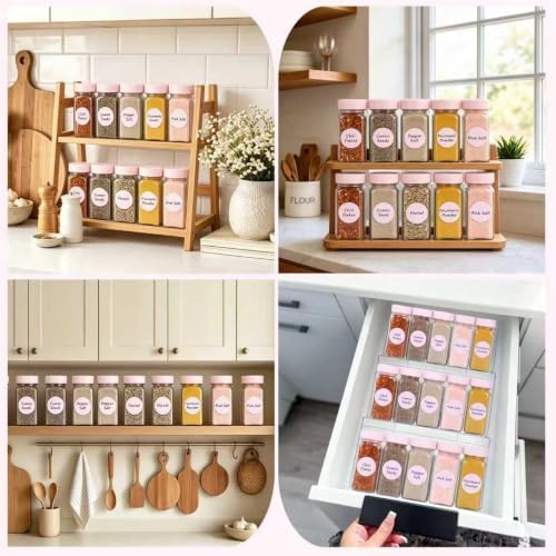 6 Pcs Glass Spice Jars with Label, 4oz Pink Airtight Seasoning