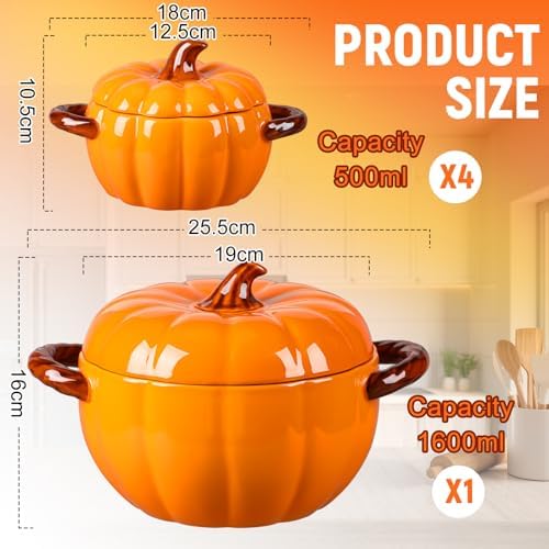 Maxdot Ceramic Pumpkin Bowls Set of 5, Orange