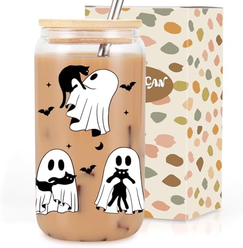 Coolife Halloween Ghost Black Cat Iced Coffee Cup, Spooky Glass