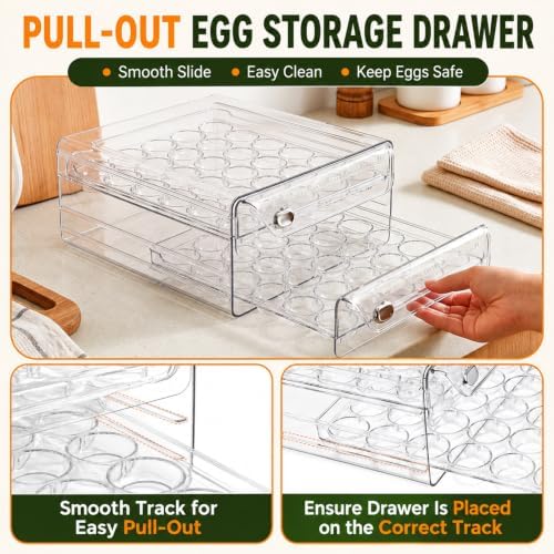 60 Egg Holder for Fridge Clear 2 Layers Egg Tray with Date Tracker