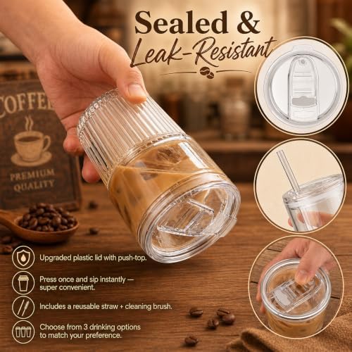 Haundry Ribbed Glass Cups with Lids and Straws (2 Pack), 16oz Iced