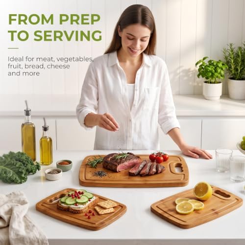 Bamboo Cutting Board Set of 3 with Stand, Juice Grooves, Handles