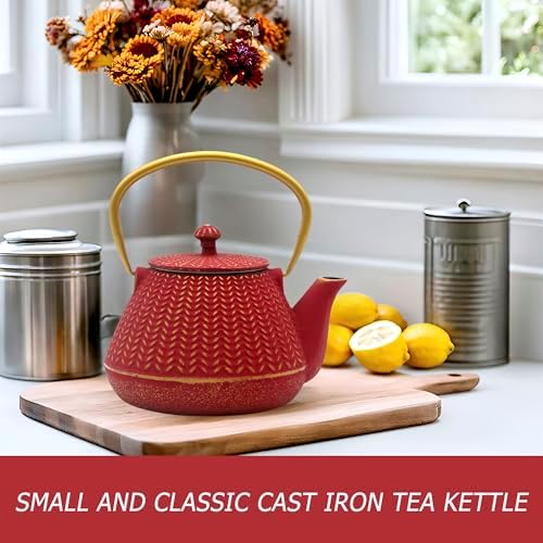 Red Cast Iron Tea Kettle, 1000ml with Infuser