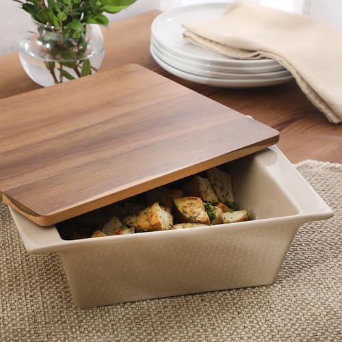 Gibson Elite 2-Quart 10" x 8.5" Stoneware Baking Dish with Acacia Wood