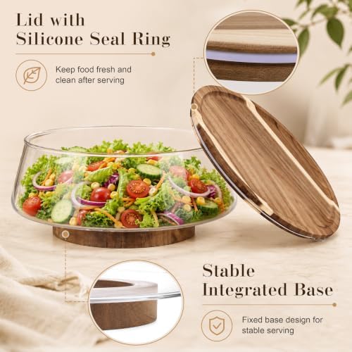 Large Glass Salad Bowl Set with Acacia Wood Base, Lid and Wood