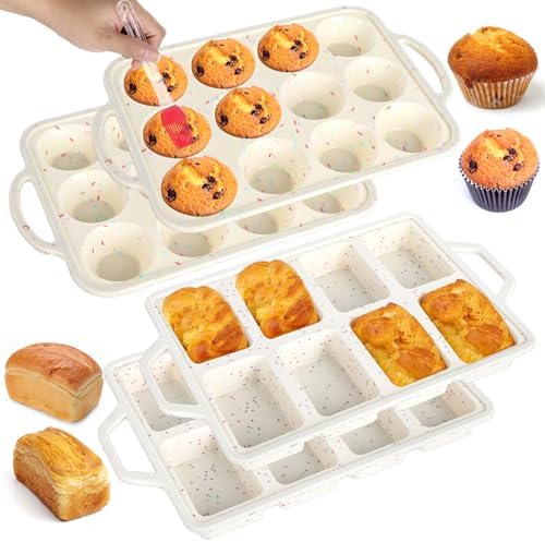 4 Pcs Silicone Muffin Pan Set with Metal Reinforced Frame, 12 Cup
