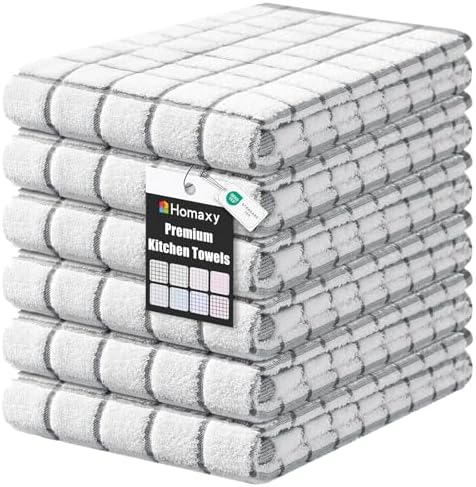 Homaxy Premium Kitchen Towels(16”x 28”, 6 Pack), Check Design, Grey