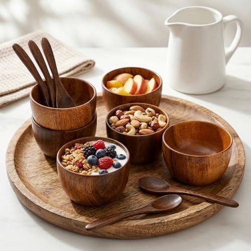 Lyellfe Set of 4 Acacia Wood Bowl, 5 Oz Small Dipping Sauce Bowl with