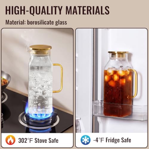 2 Pack 2.2 Liter/75 oz Square Classic Stripes Glass Pitcher with Lid