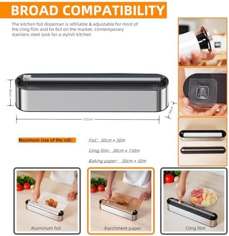 Aluminum Foil & Plastic Wrap Dispenser with Cutter - Magnetic & No-Drill Wall Mount, Stainless Steel Design, Space-Saving Kitchen organizer for Countertops & Cabinets - Fits 12" Rolls, Silver