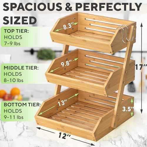 KOMFORA Bamboo 3 Tier Fruit Basket, Produce Basket for Kitchen Counter