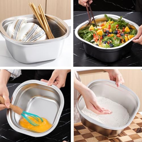 Stainless Steel Washing Up Bowl Set, Square Dish Tub with Colander&Lid, Multi-purpose Fruit Vegetable Washing Basin with Strainer for Sink, Kitchen Preparation, Wshing,Storage, 11in*4in