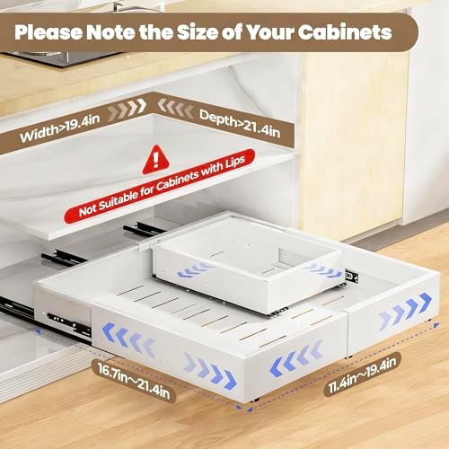 Dayacoco Pull Out Cabinet Organizer, Expandable Width (11.4"-19.4") and Depth (16.7"-21") With 3 Rails, Heavy Duty Slide out Drawers for Kitchen Base Cabinet Organization, No Drill, White