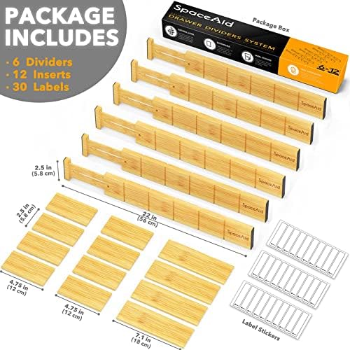 SpaceAid Bamboo Drawer Dividers with Inserts 6 Dividers with 12