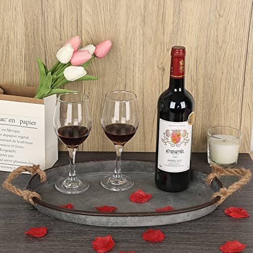 Hipiwe Galvanized Metal Iron Tray Farmhouse Serving Trays with Rope