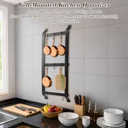 MorningRo 37” Pot and Pan Hanging Rack Wall Mounted, 3 Tier Iron Vertical Hanging Pan Organizer Shelf with 8 S Hooks Hanger for Kitchen Utensils, Space Saving Storage for Cookware