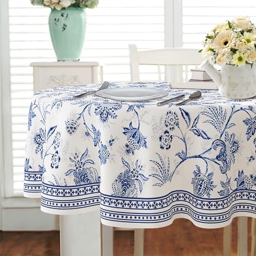 Blue Floral Oval Tablecloth 60x84 Inch, Blue and White French Country