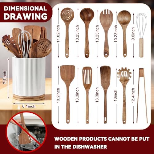 SiliFine 11 Pcs Wood Kitchen Utensils Set, 360° Rotating Holder, White