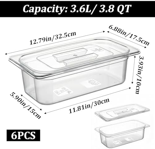 6 Pack 1/3 Size Plastic Clear Food Pans with Lids, 4 Inch Deep