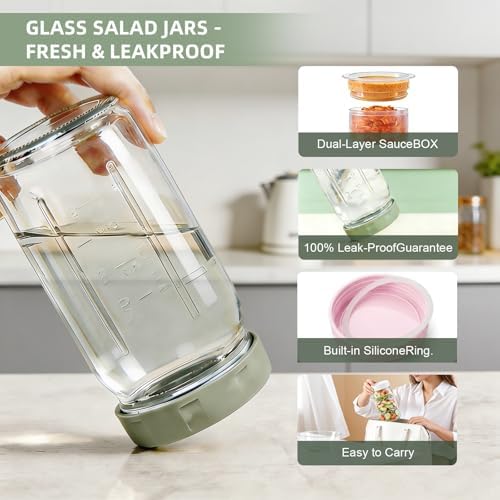 6 Pack Glass Salad Jars with Dressing Cups for Meal Prep, 32oz
