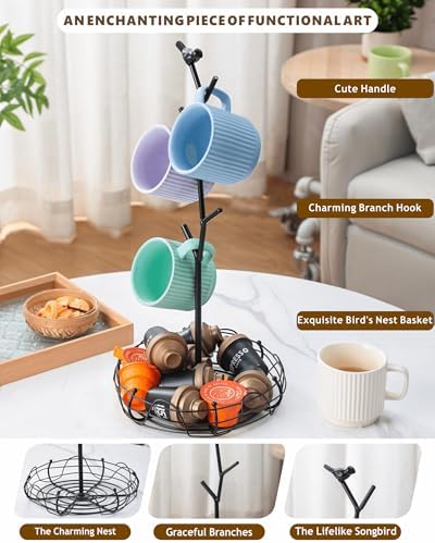 Coffee Mug Holder for Countertop, Mug Tree with Bird's Nest Storage