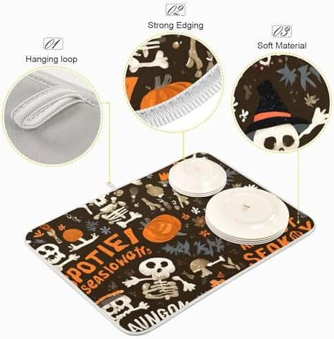 OTVEE Creepy Pumpkin Art Dish Drying Mat for Kitchen Counter Absorbent