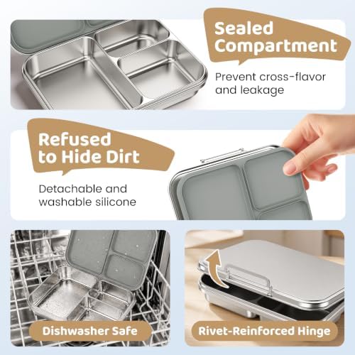 Pawtong Stainless Steel Bento Box, 3 Compartments (Grey)