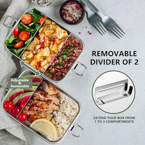 Leonyo 47oz Metal Lunch Box Bento Box Stainless Steel with 2 Dividers