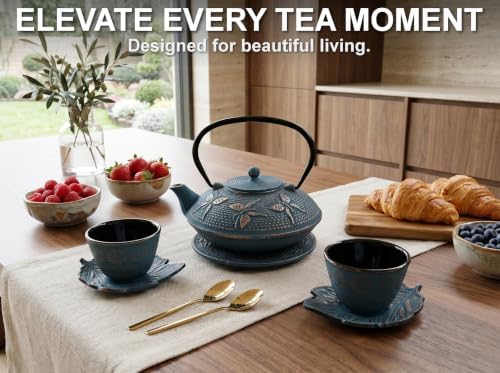 Blue Butterfly Cast Iron Tea Set, 2 Cups, 2 Saucers, Infuser & Trivet