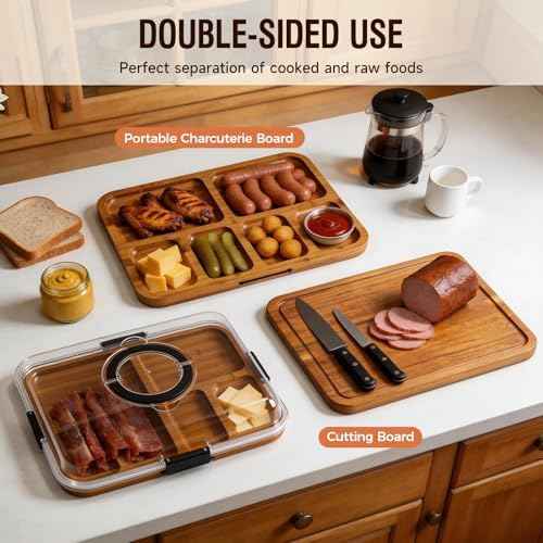 Renmxj Charcuterie Board with Lid, Carbonized Bamboo, Knives Set and Bowls