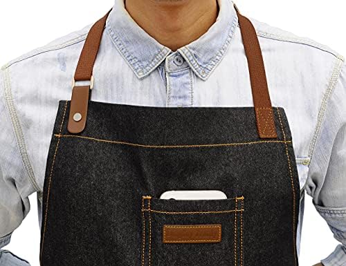 Black Kitchen Apron with Pockets & Towel Loop for Men Women, Denim