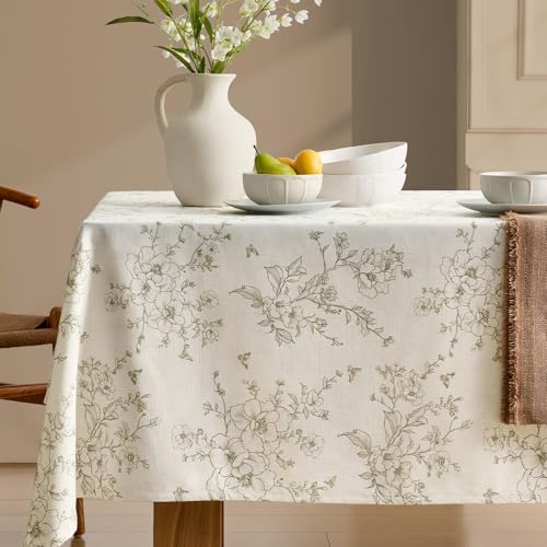 Green Floral Tablecloth Vintage French Rustic Linen Tablecloth
