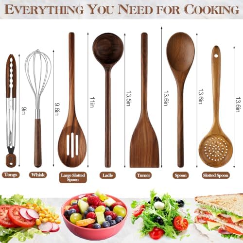 7 Piece Walnut Kitchen Utensil Set with Turner, Ladle, Slotted Spoon