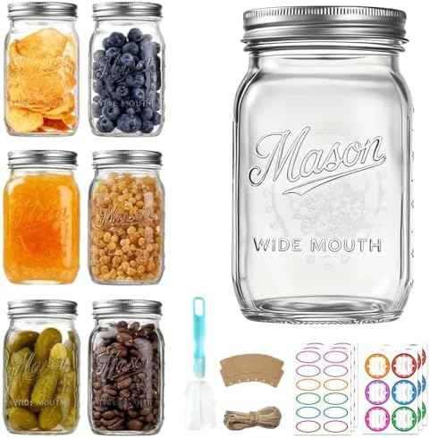 Mason Jars 32 oz, 6 Pack, Wide Mouth