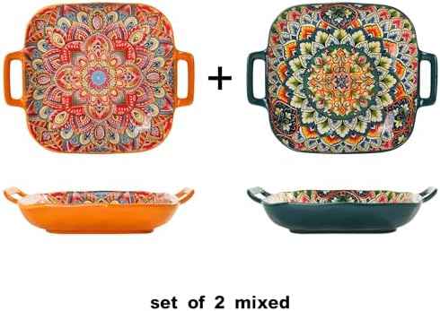 Ceramic Serving Platter with Handles, Set of 2, Bohemian Ceramic Plate,Square Dinner Plate,Colorful Salad Dish,Retro Fruit Plate (Green + Orange)