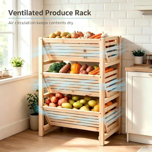 Stackable Potato Onion Storage Bins - Wooden Produce Basket - Fruit
