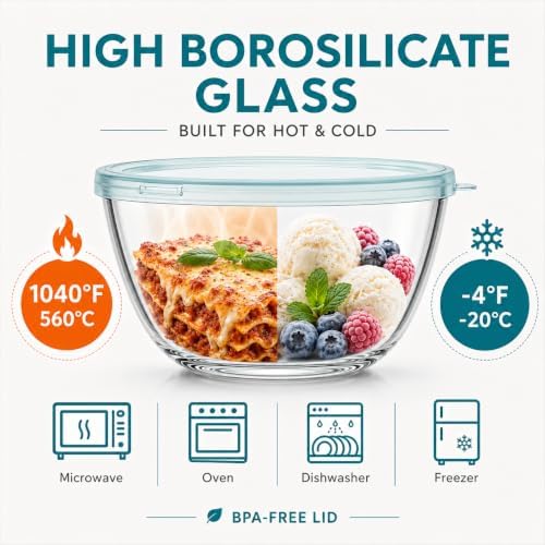 Luvan Glass Mixing Bowls with Lids Set(4.5QT, 2.7QT, 1.1QT)-Large