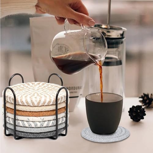 Woven Coasters Set of 8, Absorbent Drink Coasters with Holder, Boho