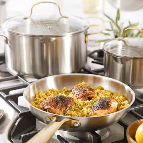 Oster Platinum Sunstreak Pots and Pans Set, 10-Piece Stainless Steel Cookware Set with Glass Strainer Lids and Gold Handles, Induction Cookware Set