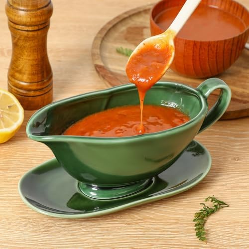 Vicrays Gravy Boat with Saucer - Large 17oz Ceramic Sauce Boat with
